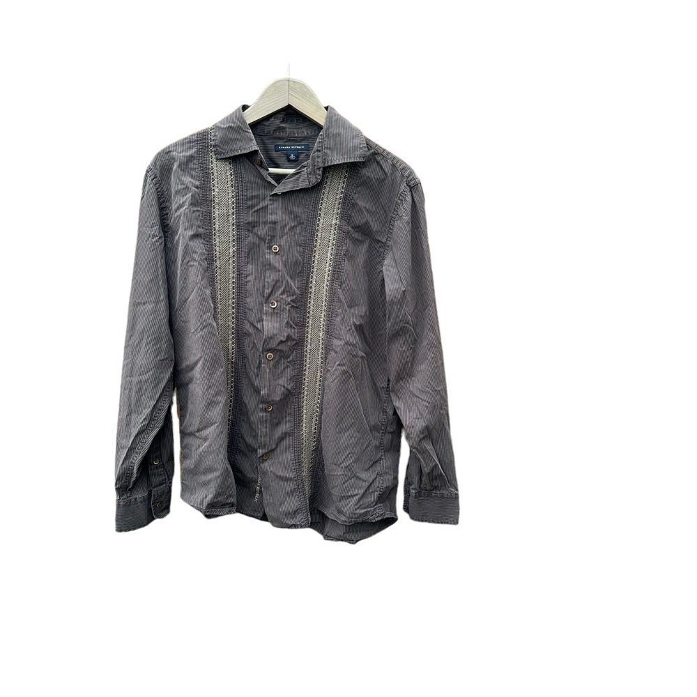 Banana Republic men's medium long sleeve button down brown pinstripe embroider